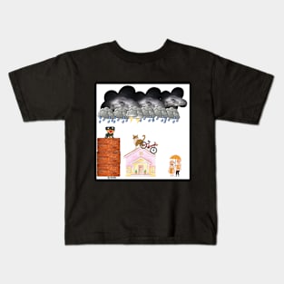 the cat and dog in the rain Kids T-Shirt